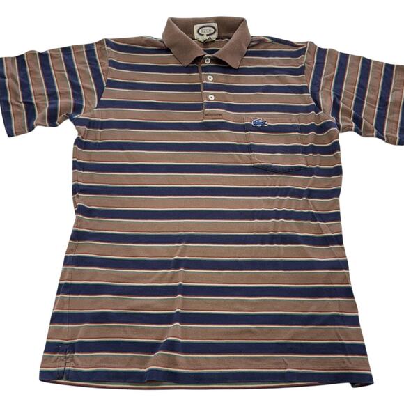 VINTAGE IZOD Lacoste Polo Shirt Mens Medium Brown Navy Striped Made in Japan 80s - Picture 1 of 7